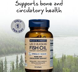 Wiley's Finest Wild Alaskan Fish Oil Omega-3 +K2 & D3 Dietary Supplement, 60 Softgels