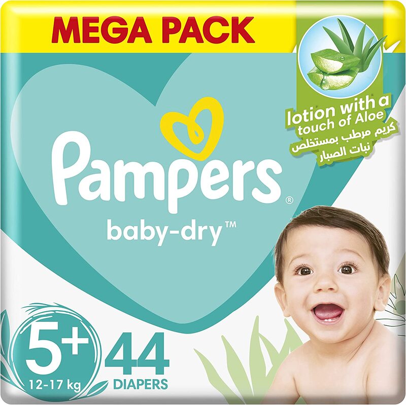 Pampers Baby-Dry Diapers with Aloe Vera Lotion and Leakage Protection, Size 5 plus, 12-17 kg, 44 Count