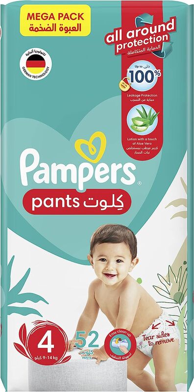 Pampers Baby-Dry Pants Diapers with Stretchy Sides for Better Fit, Size 4, 9-14 kg, 52 Count