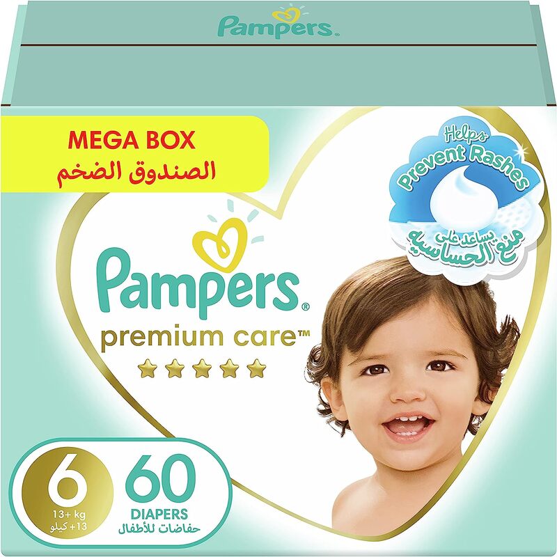 

Pampers Premium Care The Softest And The Best Skin Protection Diapers, Size 6, 13+ kg, 60 Count