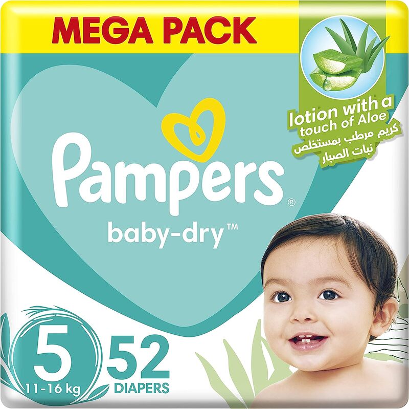 Pampers Baby-Dry Diapers with Aloe Vera Lotion and Leakage Protection, Size 5, 11-16 kg, 52 Count