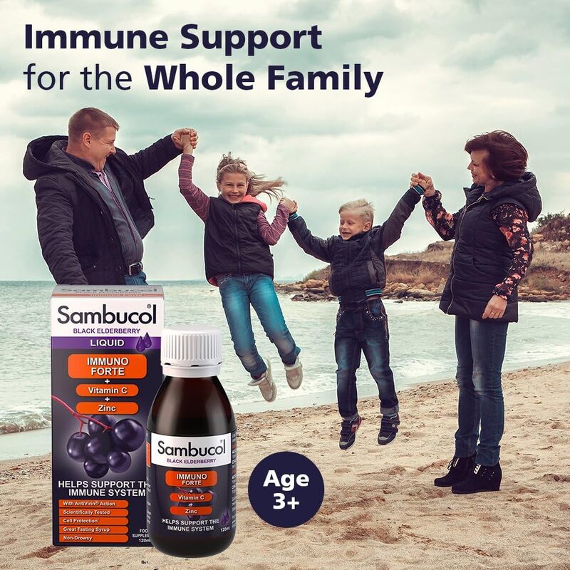 Sambucol Immuno Forte Liquid Immune Boosting Supplement with Elderberry Extract, Vitamin C, and Zinc, 120ml