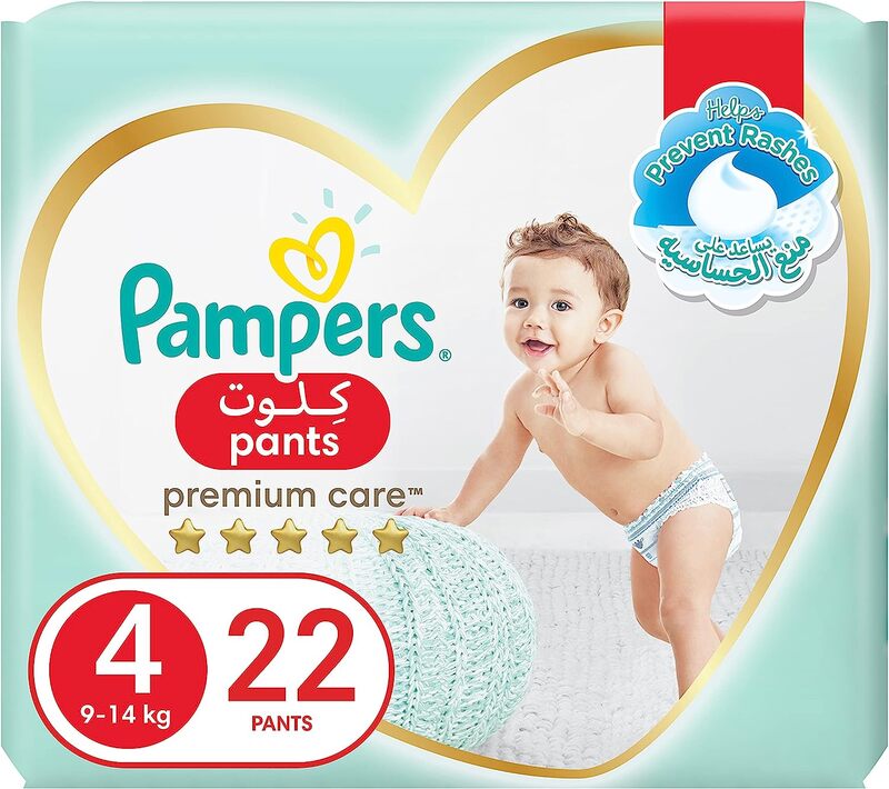 Pampers Premium Care The Softest Pant Diapers with Stretchy Sides, Size 4, 9-14 kg, 22 Count