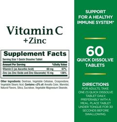 Nature's Bounty Quick Dissolve Vitamin C + Zinc Vitamin Supplement, 60 Tablets