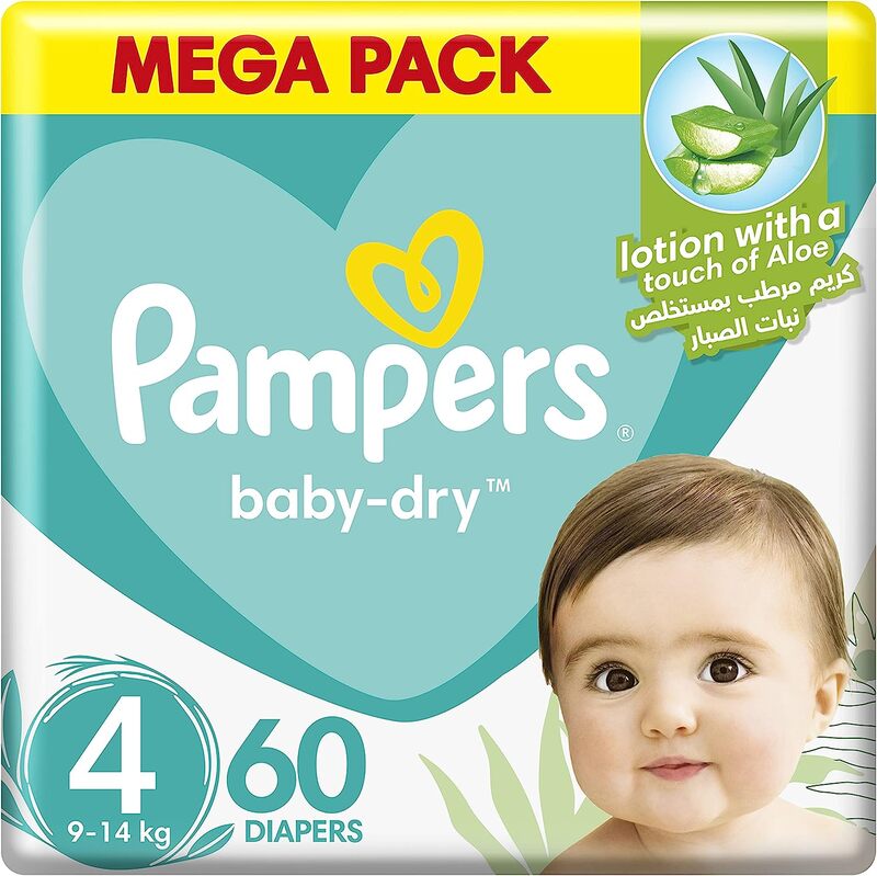 Pampers Baby-Dry Diapers with Aloe Vera Lotion and Leakage Protection, Size 4, 9-14 kg, 60 Count