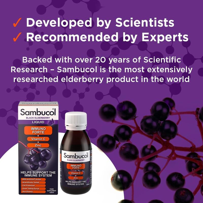 Sambucol Immuno Forte Liquid Immune Boosting Supplement with Elderberry Extract, Vitamin C, and Zinc, 120ml