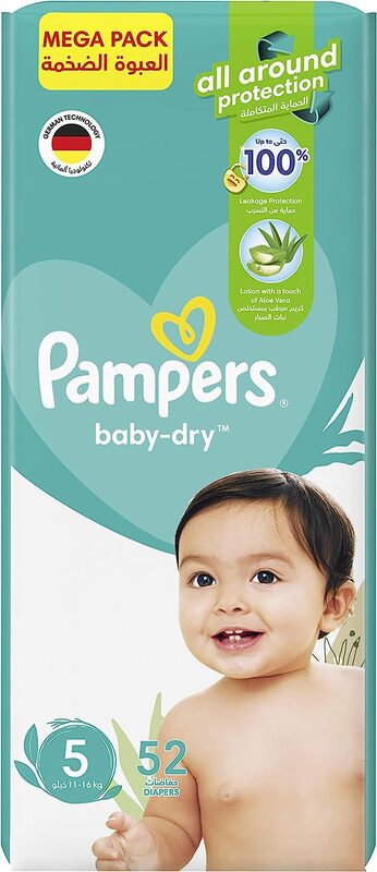 Pampers Baby-Dry Diapers with Aloe Vera Lotion and Leakage Protection, Size 5, 11-16 kg, 52 Count