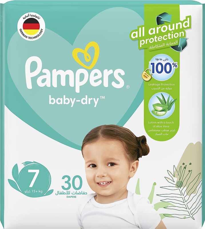 Pampers Baby-Dry Diapers with Aloe Vera Lotion and Leakage Protection, Size 7, 15+ kg, 30 Count