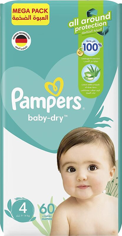 Pampers Baby-Dry Diapers with Aloe Vera Lotion and Leakage Protection, Size 4, 9-14 kg, 60 Count