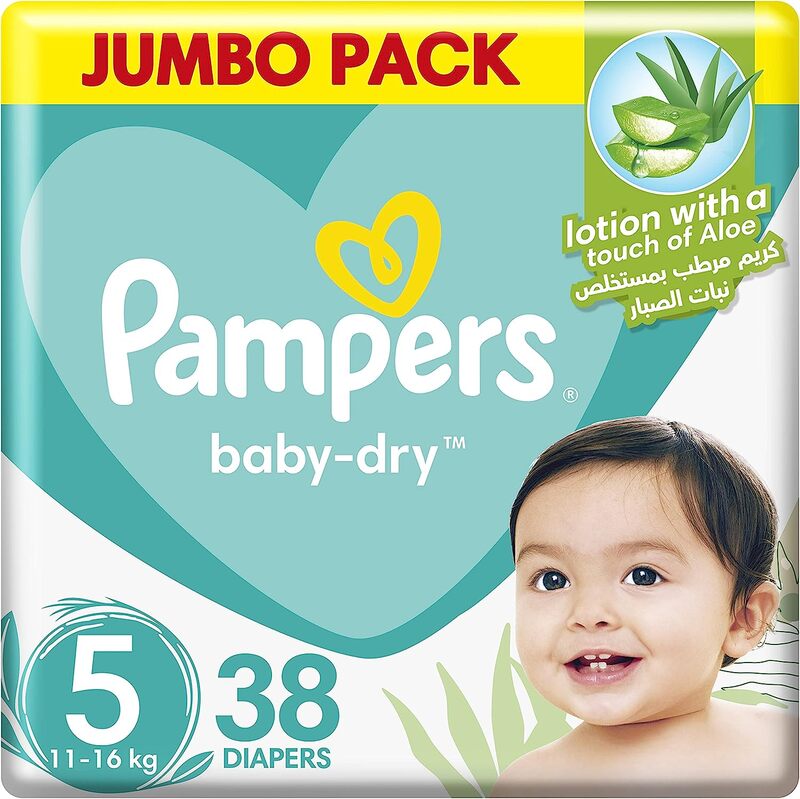 Pampers Baby-Dry Diapers with Aloe Vera Lotion and Leakage Protection, Size 5, 11-16 kg, 38 Count