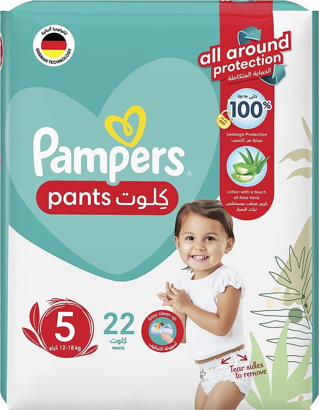 Pampers Baby-Dry Pants with Aloe Vera Lotion Stretchy Sides and Leakage Protection, Size 5, 12-18 kg, 22 Count