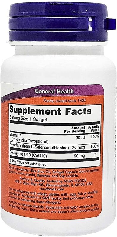 Now Co Q10 50 Mg Vitamin E & Selenium Supplement, 50 Softgels