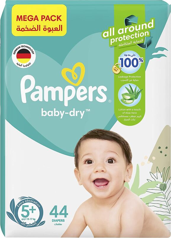 Pampers Baby-Dry Diapers with Aloe Vera Lotion and Leakage Protection, Size 5 plus, 12-17 kg, 44 Count