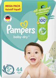 Pampers Baby-Dry Diapers with Aloe Vera Lotion and Leakage Protection, Size 5 plus, 12-17 kg, 44 Count