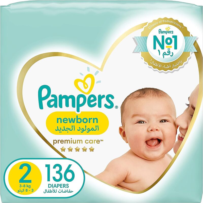 Pampers Premium Care The Softest Diapers, Size 2, 3-8 kg, Mini, 136 Count