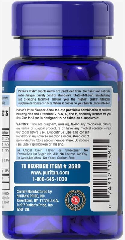 Puritan's Pride Zinc for Acne Skin Formula Dietary Supplement, 100 Tablets