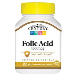 21St Century Folic Acid Vitamin B 9, Cardiovascular & Heart Health Support Dietary Supplement, 400mcg, 250 Tablets