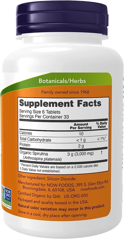 Now Foods Organic Spirulina Super Green Dietary Supplement, 500mg, 200 Tablets