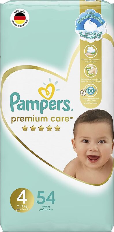 Pampers Premium Care The Softest Diaper and the Best Skin Protection Diapers, Size 4, 9-14 kg, 54 Count