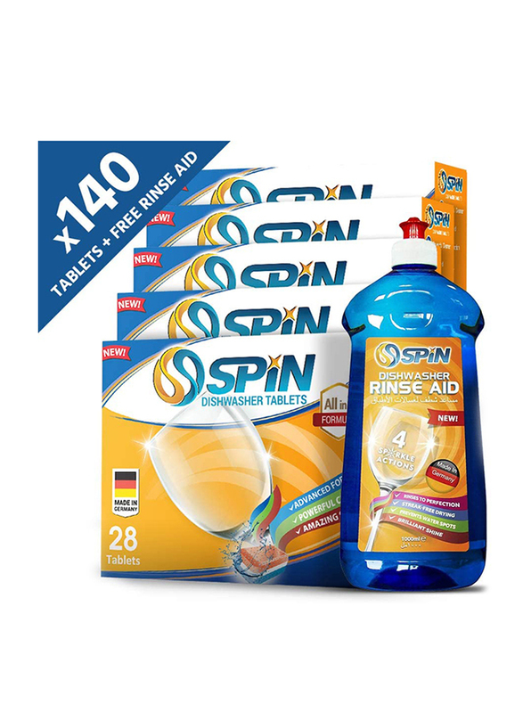 Spin All In 1 Formula Dishwasher Detergent Tablets, 140 Tablets + Rinse Aid 1000ml