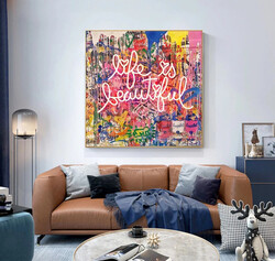 Life is Beautiful Canvas Wall Art, Posters and Prints Abstract Colorful Artwork,(stretched on a high-quality solid frame-100cmx100cm)