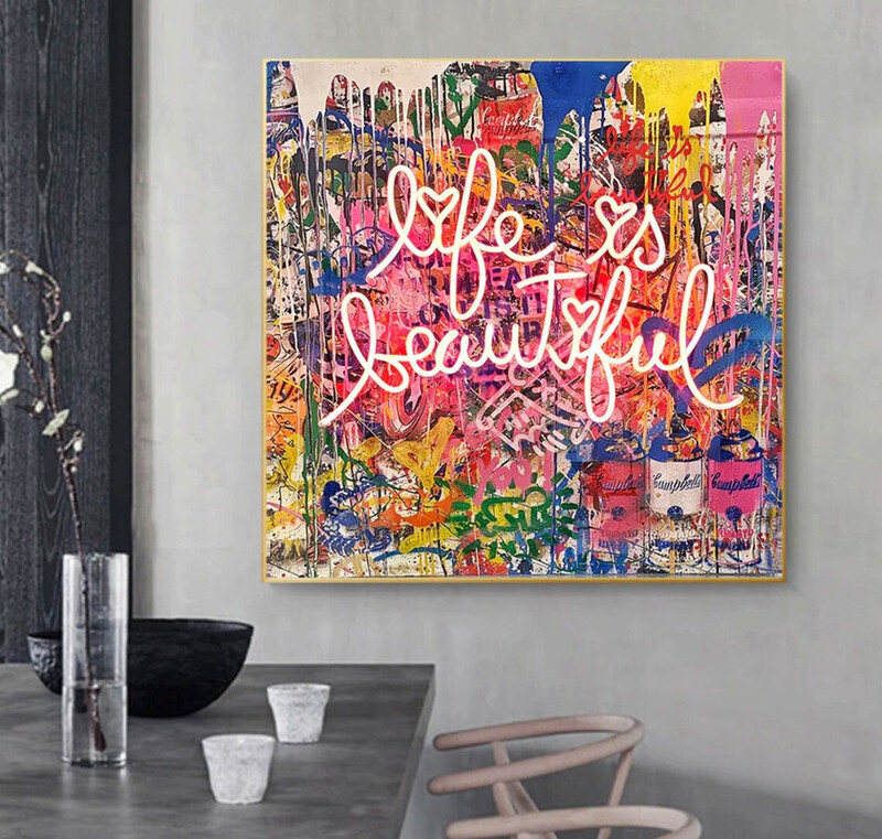 Life is Beautiful Canvas Wall Art, Posters and Prints Abstract Colorful Artwork,(stretched on a high-quality solid frame-100cmx100cm)