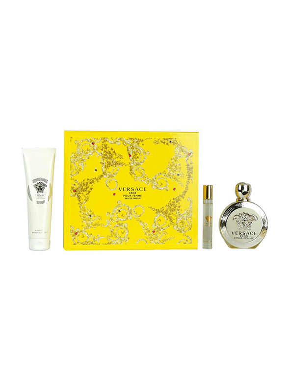 

Versace 3-Piece Gift Set for Women, Eros 100ml EDP Perfume, Eros 100ml Body Lotion, Pouch