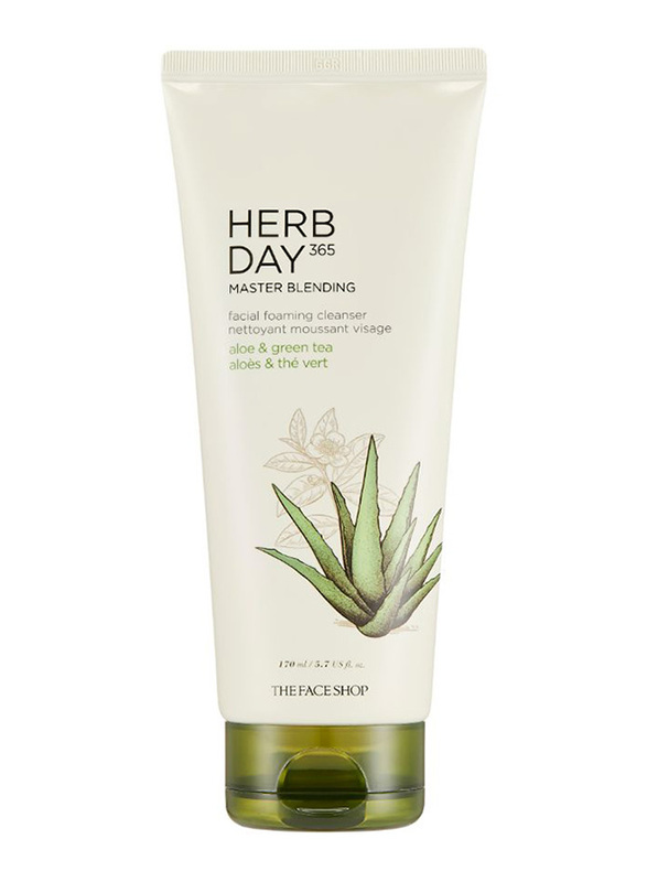 The Face Shop Herb Day 365 Master Blending Facial Foaming Cleanser, Aloe and Green Tea, 170ml