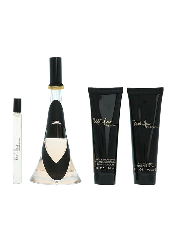 

Rihanna 4-Piece Reb'l Fleur Gift Set for Women, 100ml EDP Perfume, 90ml Body Lotion, 90ml Shower Gel, 10ml Roll On