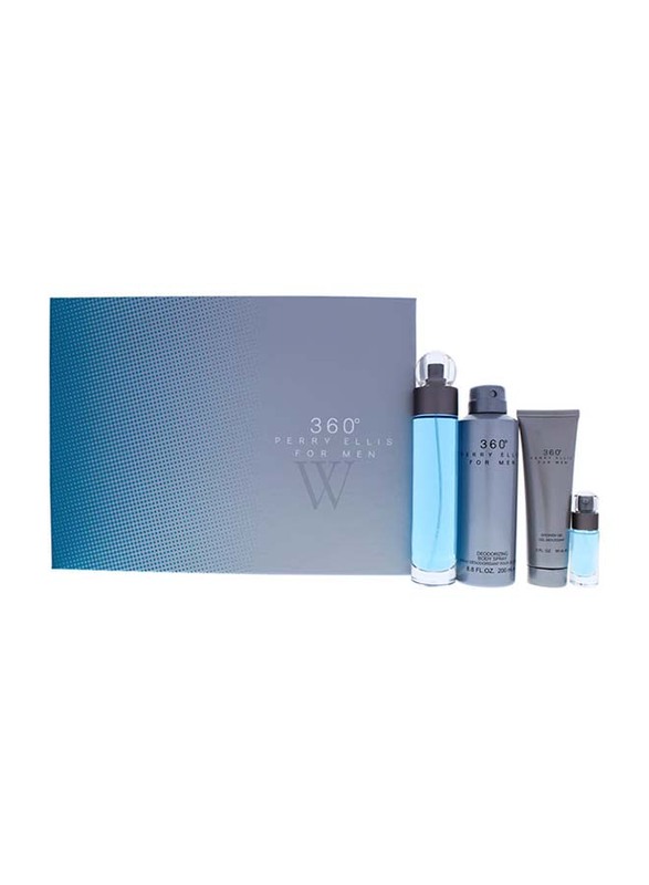 Perry Ellis 4-Piece 360 Perfume Gift Set for Men, 100ml EDT, 200ml Body Spray, 7.5ml Mini Spray, 90ml Shower Gel