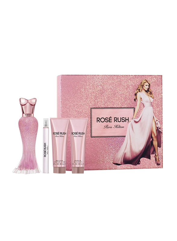 Paris Hilton 4-Piece Rose Rush Gift Set for Women, 100ml EDP, 10ml EDP Pencil Spray, 90ml Body Lotion, 90ml Shower Gel