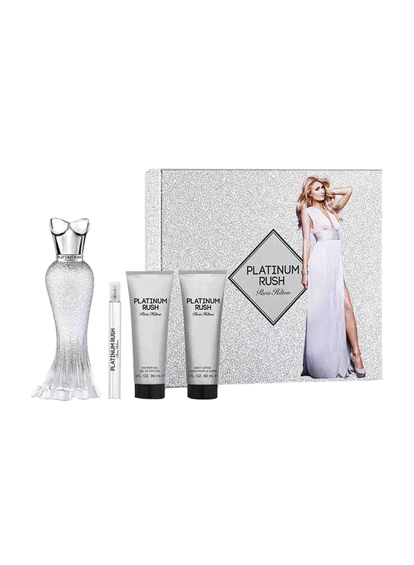 Paris Hilton 4-Piece Platinum Rush Gift Set for Women, 100ml EDP, 10ml EDP Pencil Spray, 90ml Body Lotion, 90ml Shower Gel