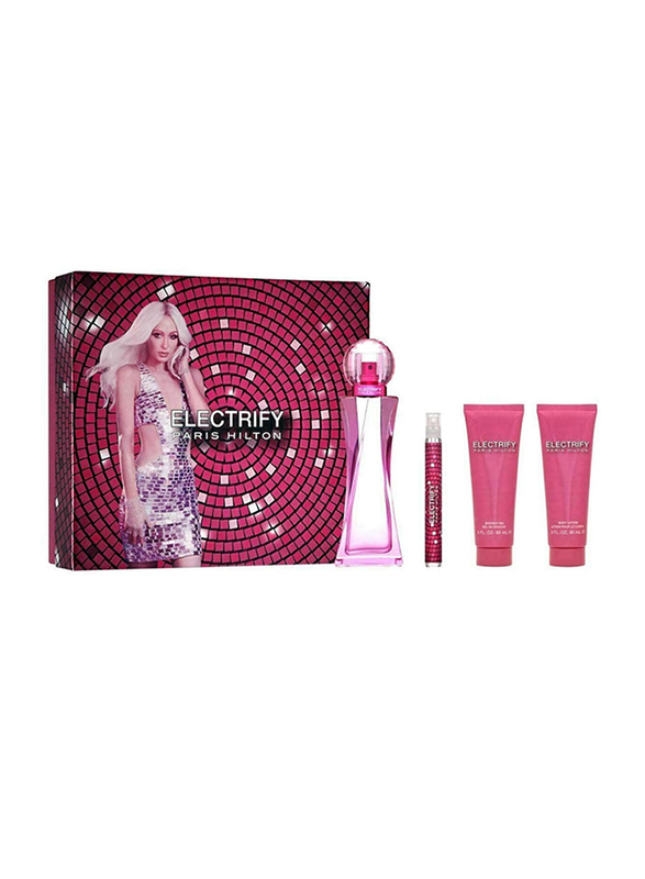 Paris Hilton 4-Piece Electrify Gift Set for Women, 100ml EDP, 10ml Mini Spray, 90ml Body Lotion, 90ml Shower Gel