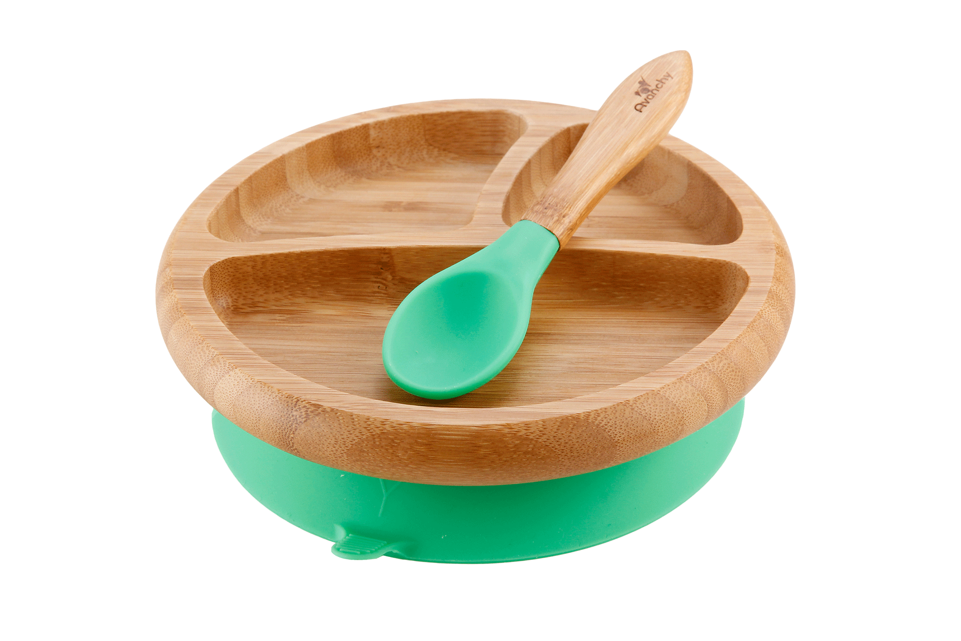 Avanchy Bamboo Suction Classic Plate and Spoon, Green