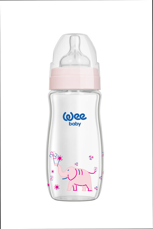 Wee Baby Patterned Classical Plus Wide Neck Glass Baby Feeding Bottle, 0-6 Months, 280ml, Assorted Colour