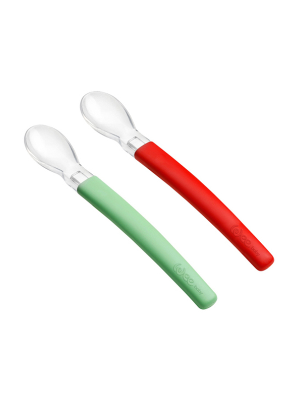 Wee Baby Double Set of Feeding Spoon Silicone Tip, 6 Month+, Green/Red