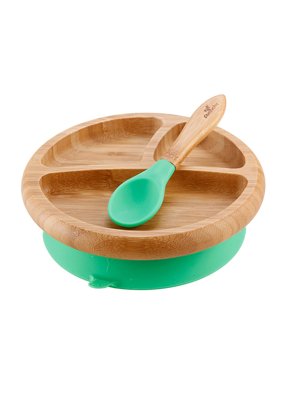 Avanchy Bamboo Suction Classic Plate and Spoon, Brown/Green