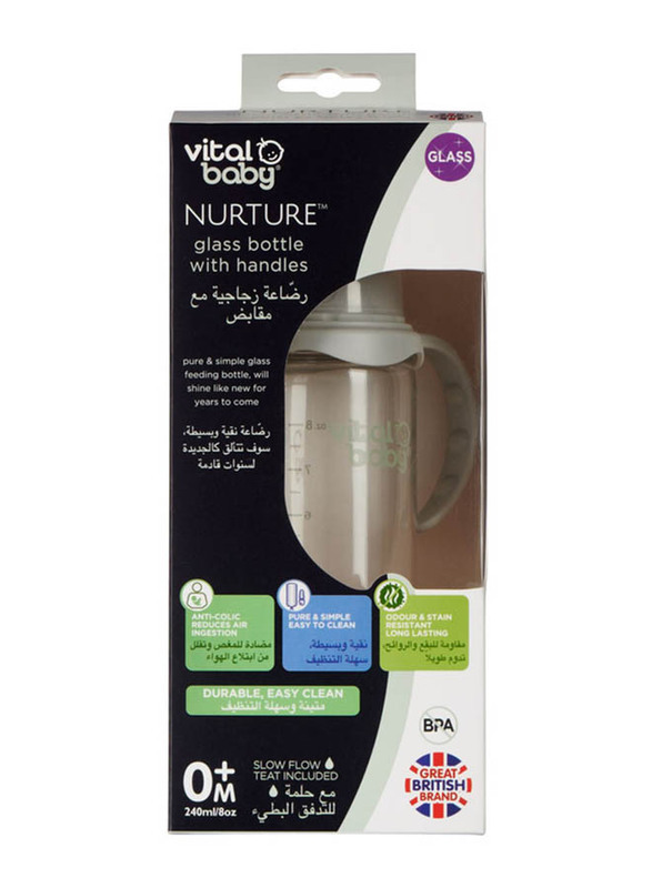Vital Baby Nurture Glass Baby Feeding Bottle with Handles, 240ml, 0+ Months, Clear