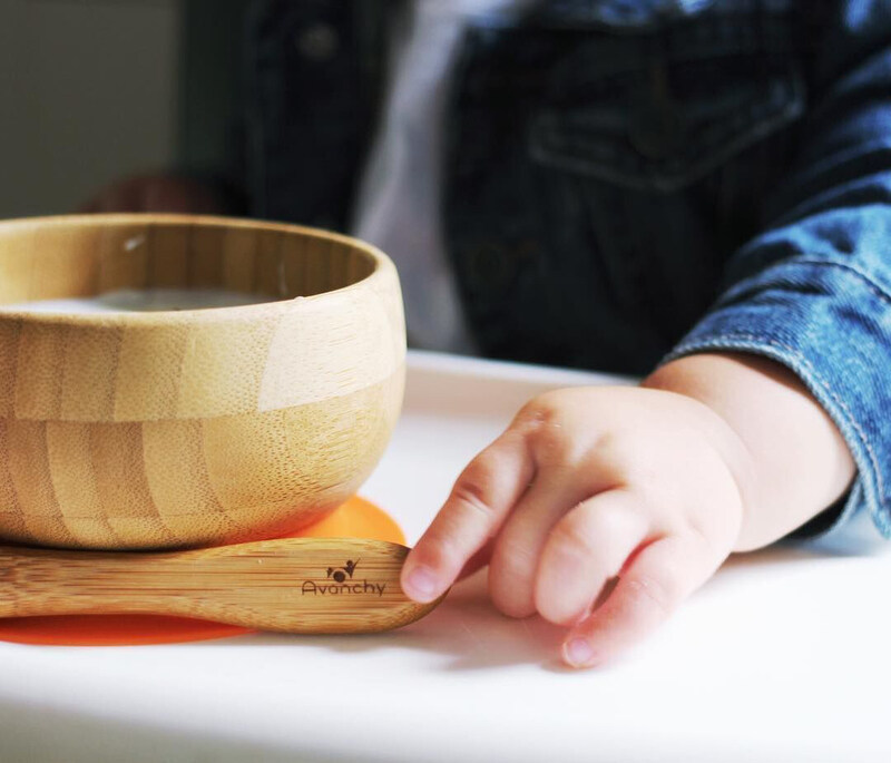 Avanchy Baby Bamboo Stay Put Suction Bowl and Spoon, Brown/Orange