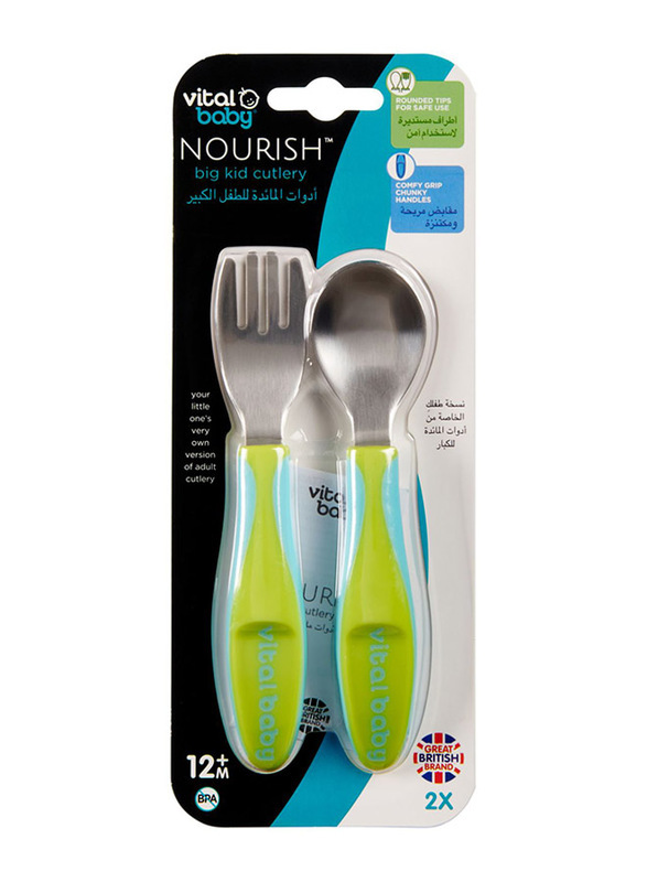 Vital Baby Nourish Big Kid Cutlery, 2-Piece, Green/Blue