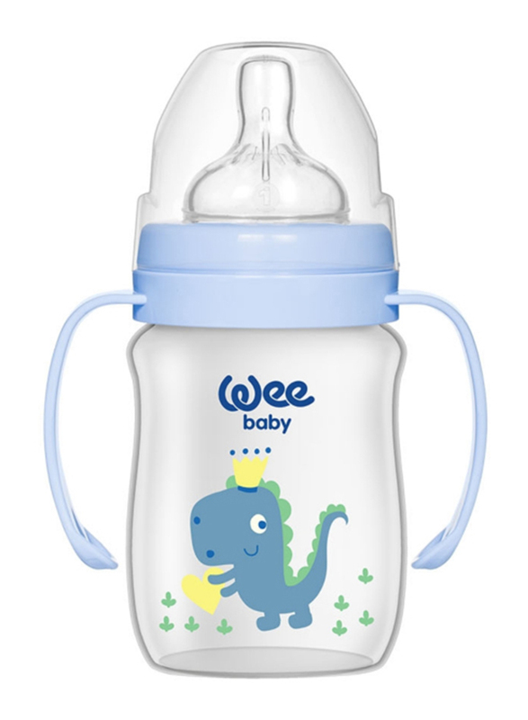 Wee Baby Classic Plus Wide Neck PP Bottle with Grip, 0-6 Months, 150ml, Blue Assorted Design