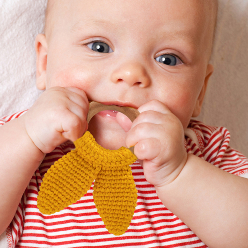 Babyjem Amigurumi Wooden Ring Teether for Baby, 4+ Months, Yellow