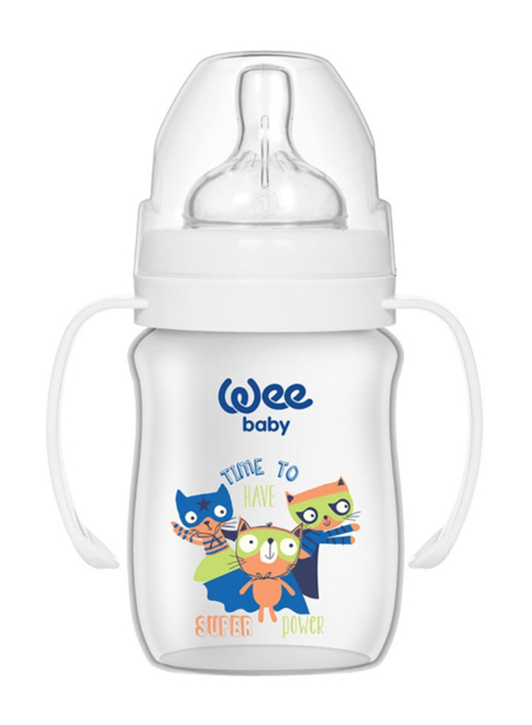 Wee Baby Classic Plus Wide Neck PP Bottle with Grip, 0-6 Months, 150ml, White Assorted Design
