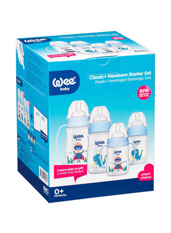 Wee Baby Classic Plus Newborn Feeding Bottle Starter Set for Baby Boys, 6-18 Months, Clear