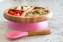 Avanchy Bamboo Suction Classic Plate and Spoon, Brown/Pink