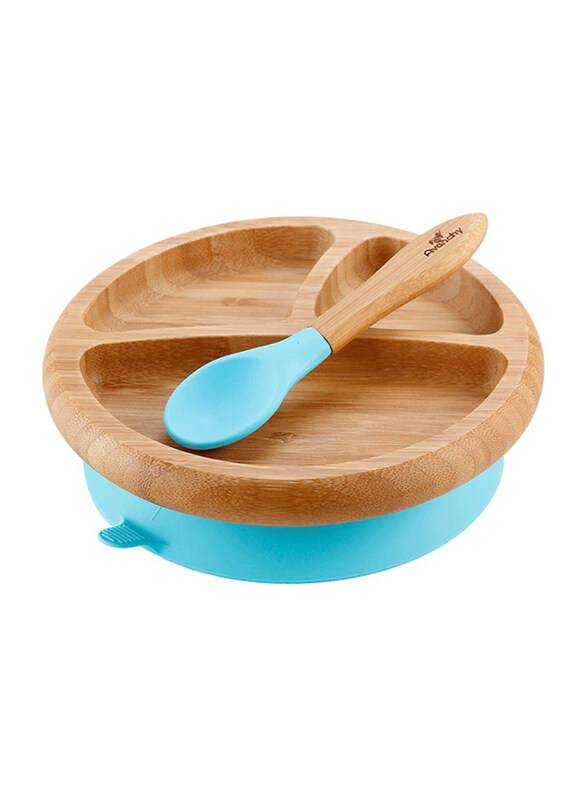 Avanchy Bamboo Suction Classic Plate and Spoon, Brown/Blue