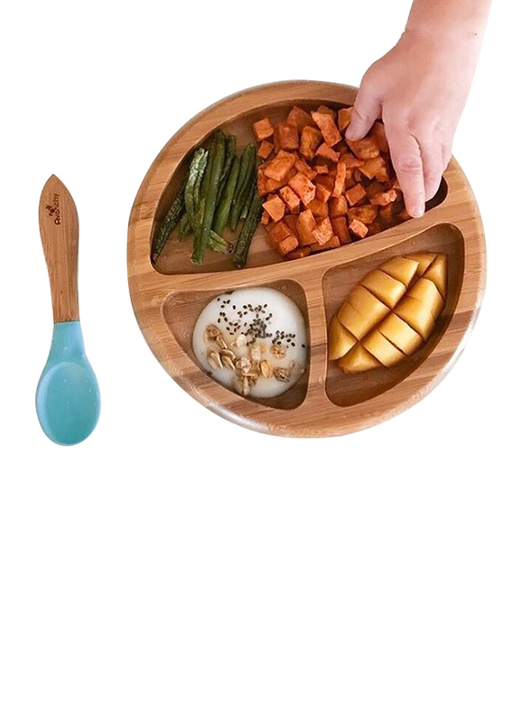 Avanchy Bamboo Suction Classic Plate and Spoon, Brown/Blue