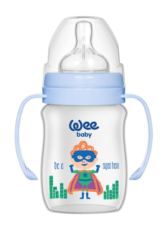 Wee Baby Classic Plus Wide Neck PP Bottle with Grip, 0-6 Months, 150ml, Blue Assorted Design