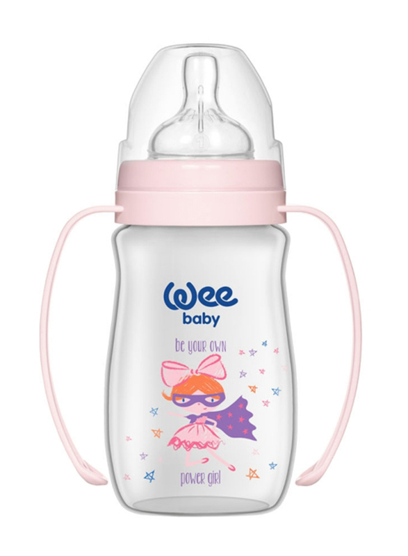 Wee Baby Classic Plus Wide Neck PP Bottle with Grip, 0-6 Months, 250ml, Pink Assorted Design