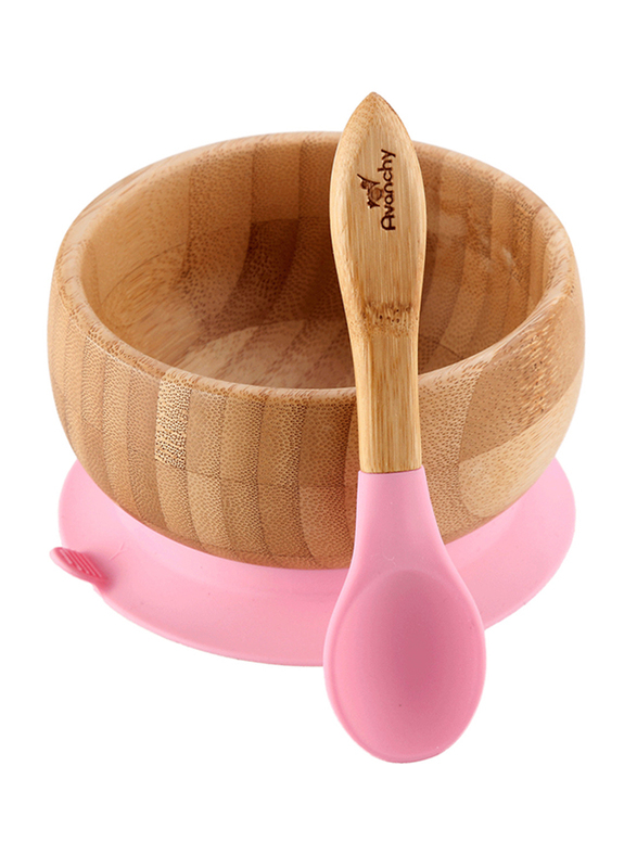 Avanchy Baby Bamboo Stay Put Suction Bowl and Spoon, Brown/Pink